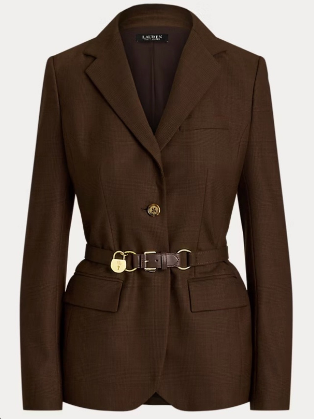 Lauren Ralph Lauren Glen Plaid Brown Wool Blend Belted Blazer Jacket Size 14